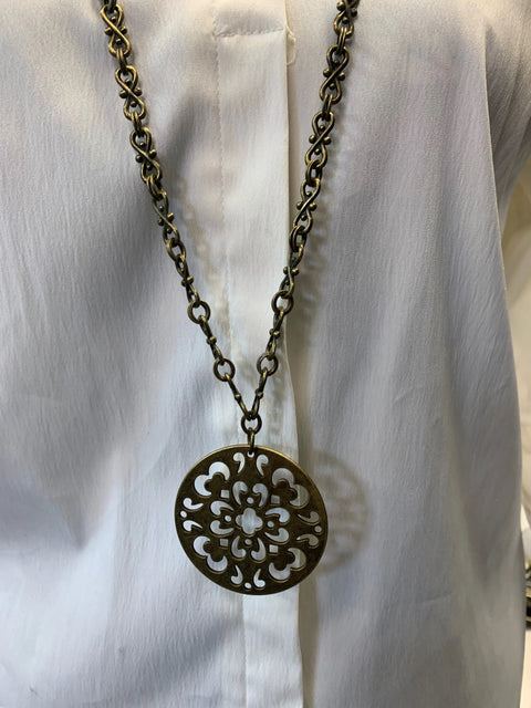 Adjustable 34 Inch Antique Brass Filigree Pendant Necklace – Laser Cut Detail | Made in USA Michelle Marie Boutique  Necklace