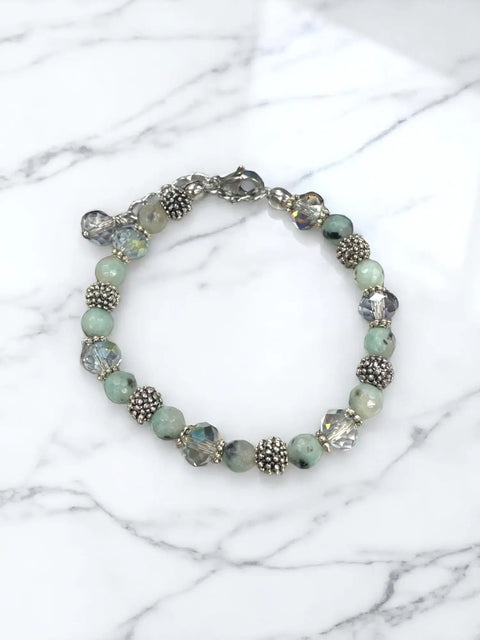 Adjustable 7 Inch Lotus Jasper Stone Bracelet With Clear Crystal Beads And Stainless Steel Accents – Made In USA Michelle Marie Boutique  Bracelets