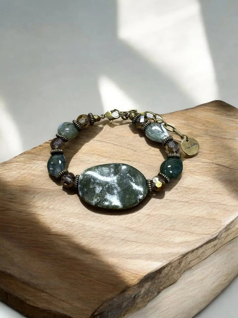 Adjustable 7 Inch Tree Jasper Bracelet – Oval Gemstone Cabochon With Earth Tone Beads | Made in USA Michelle Marie Boutique  Bracelets