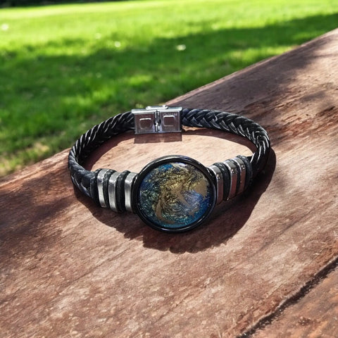 Adjustable Black Braided Leather Cuff Bracelet – Navy and Gold Glitter Resin Centerpiece | Handmade in USA Michelle Marie Boutique  Bracelets