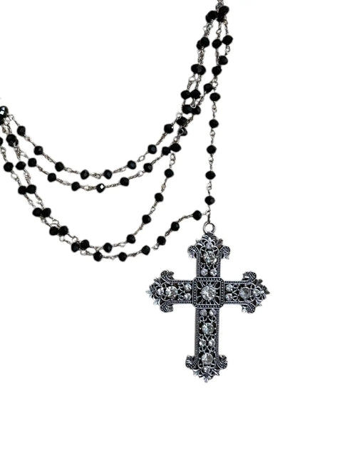Adjustable Black Crystal Multi-Strand Chain With Silver Floral Cross Pendant | Made in USA Michelle Marie Boutique  Necklace