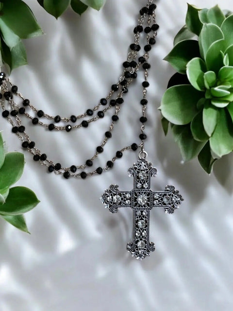 Adjustable Black Crystal Multi-Strand Chain With Silver Floral Cross Pendant | Made in USA Michelle Marie Boutique  Necklace