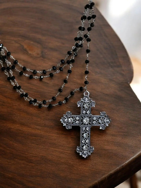 Adjustable Black Crystal Multi-Strand Chain With Silver Floral Cross Pendant | Made in USA Michelle Marie Boutique  Necklace