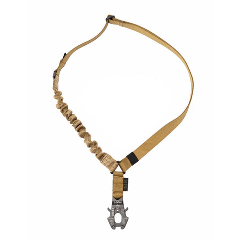 The MIS Multi Sling Gen1 - Coyote is a tan one-point rifle sling crafted from heavy nylon webbing with a bungee section and a metal multi-tool attachment, shown on a white background.