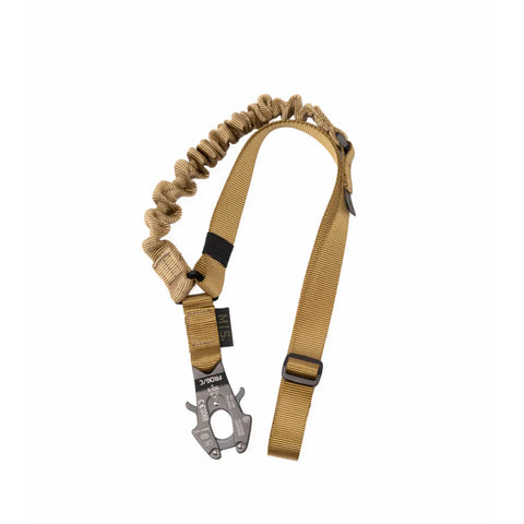 The MIS Multi Sling Gen1 - Coyote is a tactical single-point rifle sling with a bungee section and Kong Flog Connector, crafted from heavy nylon webbing, shown on a white background.