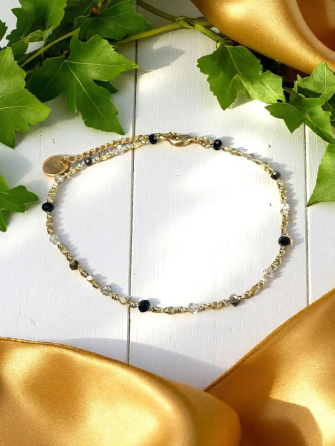Adjustable Gold Chain Anklet – Black and Clear Crystal Beads | Made in USA Michelle Marie Boutique  Anklet