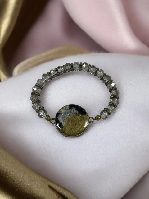 Adjustable Gray Crystal Beaded Bracelet With Black Silver Gold Resin Centerpiece – Handmade Jewelry | Made in USA Michelle Marie Boutique  Bracelets