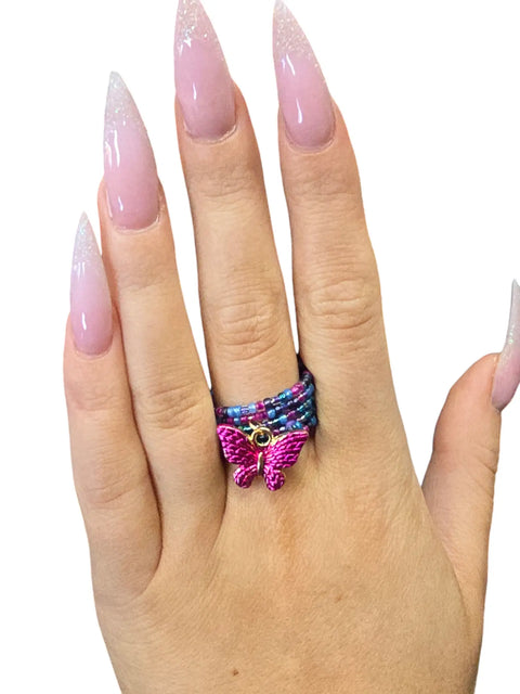 Adjustable Hot Pink Butterfly Beaded Ring – Floral Charm Jewelry with Purple Blue Accents | Handmade in USA Michelle Marie Boutique  Rings