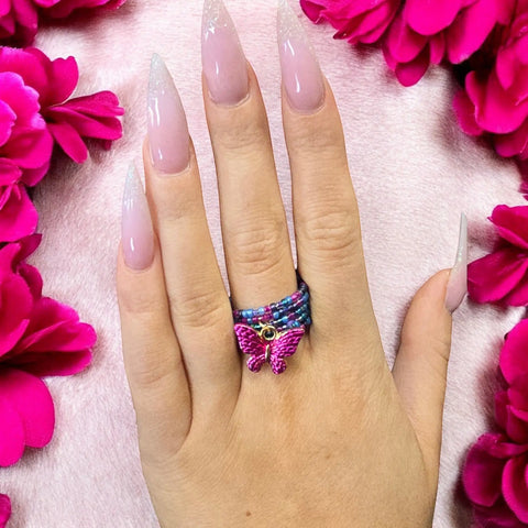 Adjustable Hot Pink Butterfly Beaded Ring – Floral Charm Jewelry with Purple Blue Accents | Handmade in USA Michelle Marie Boutique  Rings