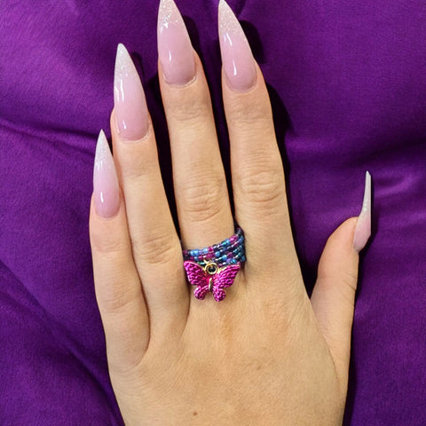 Adjustable Hot Pink Butterfly Beaded Ring – Floral Charm Jewelry with Purple Blue Accents | Handmade in USA Michelle Marie Boutique  Rings