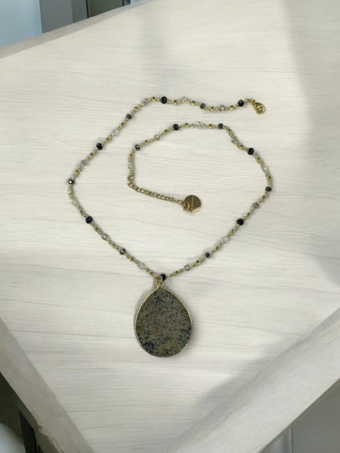 Adjustable Jasper Teardrop Pendant Necklace with Black and Clear Crystal Beads – 18 to 20 Inch Chain | Made in USA Michelle Marie Boutique  Necklaces