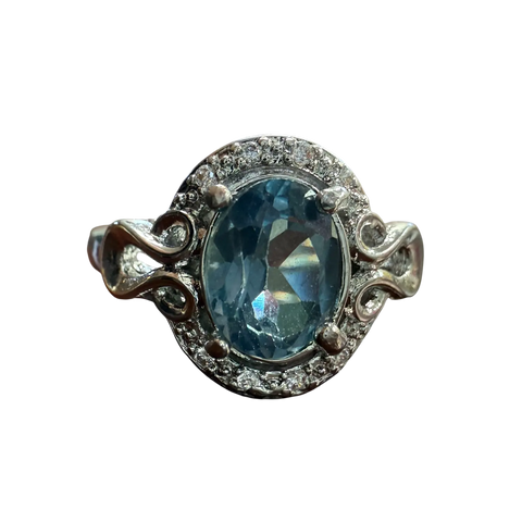 Adjustable Oval Blue Zircon Crystal Silver Ring 7.85x6.8mm – Intricate Halo Design | Made in USA Michelle Marie Boutique  Rings