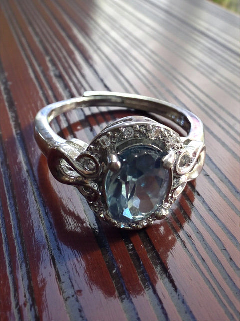 Adjustable Oval Blue Zircon Crystal Silver Ring 7.85x6.8mm – Intricate Halo Design | Made in USA Michelle Marie Boutique  Rings