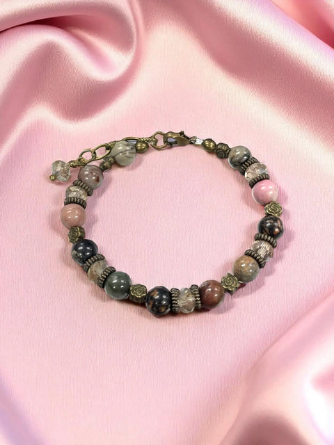 Adjustable Rhodonite and Crystal Beaded Bracelet With Gold Flower Accents – Handmade Jewelry | Made in USA Michelle Marie Boutique  Bracelets
