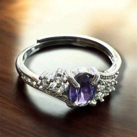 Silver Amethyst-Hued Crystal Silver Ring - Adjustable & Intricate Design Michelle Marie Boutique  Rings