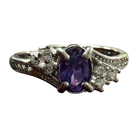 Adjustable Silver Ring With Oval Amethyst-Hued Crystal and Intricate Patterned Band | Handmade In USA Michelle Marie Boutique  Rings