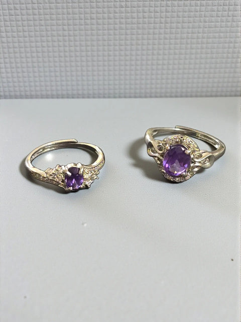 Adjustable Silver Ring With Oval Amethyst-Hued Crystal and Intricate Patterned Band | Handmade In USA Michelle Marie Boutique  Rings