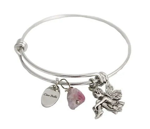 Adjustable Stainless Steel Fairy Charm Bangle Bracelet With Pink Tourmaline 60mm Diameter | Made in USA Michelle Marie Boutique  Bracelet