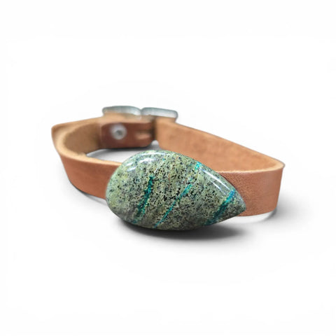 Adjustable Tan Leather Bracelet With Genuine Green Azurite Gemstone – Unisex Jewelry | Made in USA Michelle Marie Boutique  Bracelet