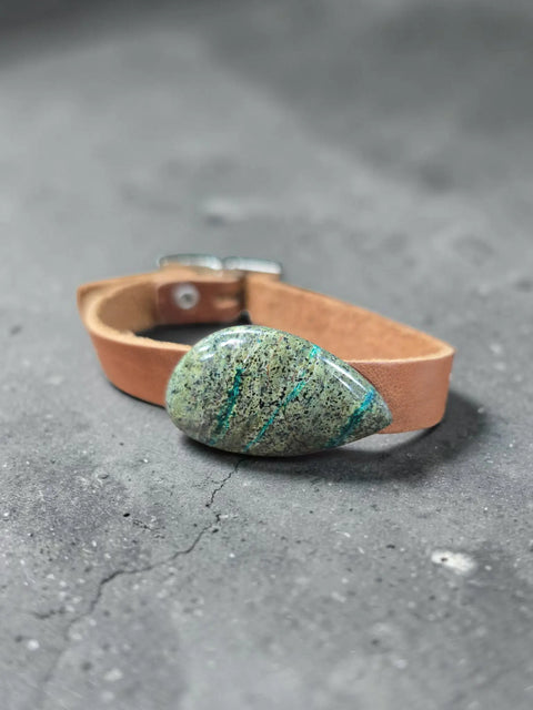 Adjustable Tan Leather Bracelet With Genuine Green Azurite Gemstone – Unisex Jewelry | Made in USA Michelle Marie Boutique  Bracelet