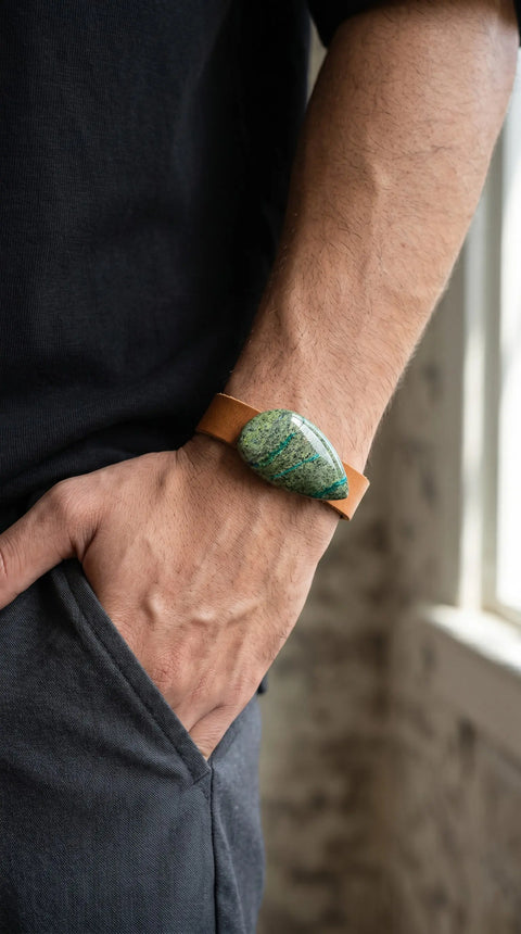 Adjustable Tan Leather Bracelet With Genuine Green Azurite Gemstone – Unisex Jewelry | Made in USA Michelle Marie Boutique  Bracelet
