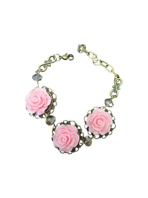 Adjustable Triple Rose Charm Bracelet – Light Pink Floral Accents – Gold Plated Frame | Made in USA Michelle Marie Boutique  Bracelets