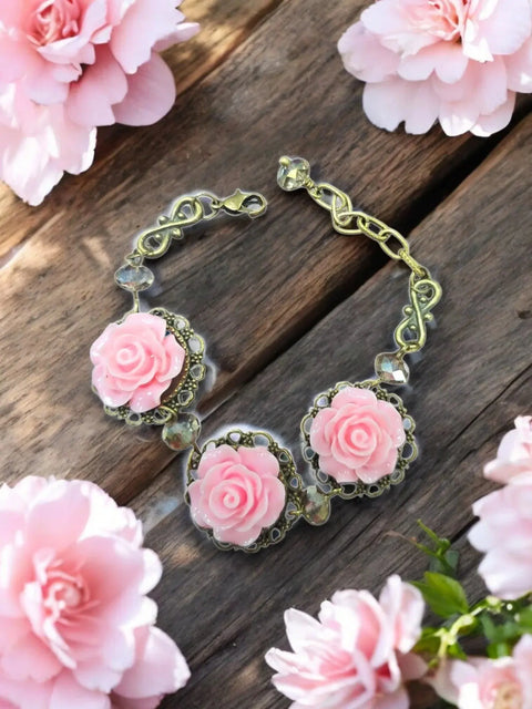Adjustable Triple Rose Charm Bracelet – Light Pink Floral Accents – Gold Plated Frame | Made in USA Michelle Marie Boutique  Bracelets
