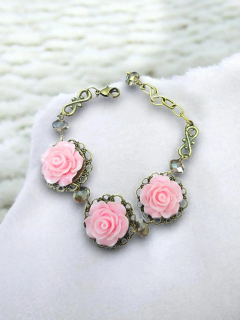 Adjustable Triple Rose Charm Bracelet – Light Pink Floral Accents – Gold Plated Frame | Made in USA Michelle Marie Boutique  Bracelets