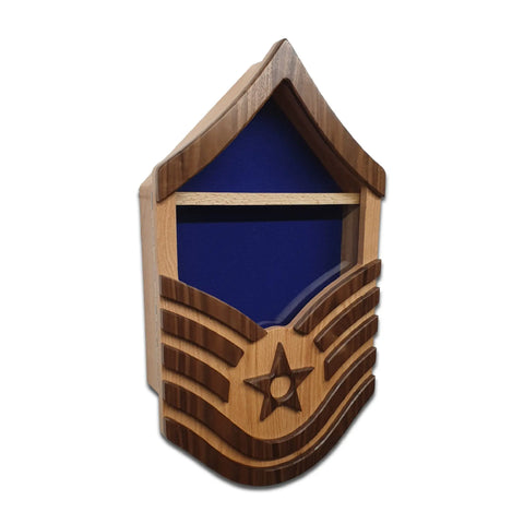 The Air Force Master Sergeant (E7) Shadow Box by Legacies of America Woodworking Company features a chevron with star shape, glass front, blue interior, and is crafted in the USA to protect memorabilia as a durable flag display case.