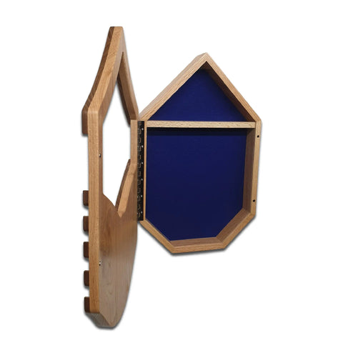 The Air Force Master Sergeant (E7) Shadow Box by Legacies of America Woodworking Company features an octagonal oak and walnut case with a hinged door, blue felt interior, small shelf, and white mount. Built by veterans.