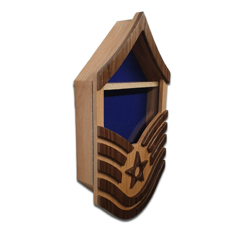 The Air Force Master Sergeant (E7) Shadow Box by Legacies of America Woodworking Company is crafted from oak and walnut, features a star, chevron stripes, and a blue background. Built by veterans to honor lasting service.
