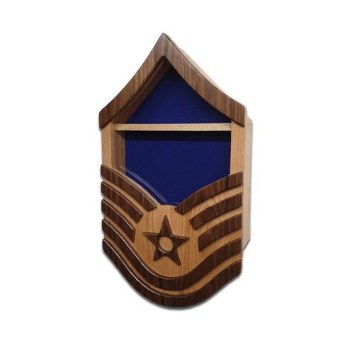 The Legacies of America Woodworking Company Air Force Master Sergeant (E7) Shadow Box features a star and chevron design with a blue Hardwood Felt display area. Made in the USA.