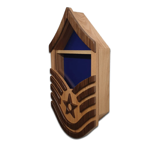 The Air Force Master Sergeant (E7) Shadow Box by Legacies of America Woodworking Company is a house-shaped wooden case with a chevron pattern, star on the front, blue upper background, and made in the USA.