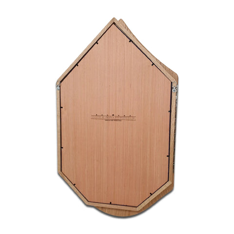 The Air Force Master Sergeant (E7) Shadow Box by Legacies of America Woodworking Company is a wooden, shield-shaped oak and walnut plaque with a dark border and side hinges. Made by veterans, its shown against a plain white background.