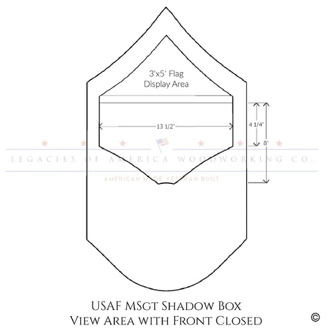 Line drawing of the Legacies of America Woodworking Companys Air Force Master Sergeant (E7) Shadow Box, made from oak and walnut, showing a pointed bottom, pentagon-shaped display area for a 3x5 flag, and labeled dimensions. Made in the USA.