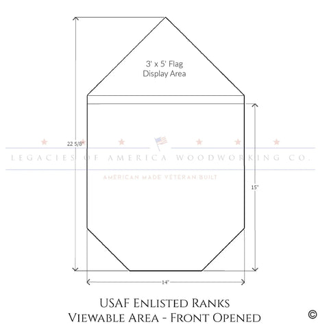 Diagram showing dimensions of the Air Force Master Sergeant (E7) Shadow Box by Legacies of America Woodworking Company—pentagon-shaped front: 22 5/8 tall, 14 wide at the bottom, and a 15 high center section. Text labels included.