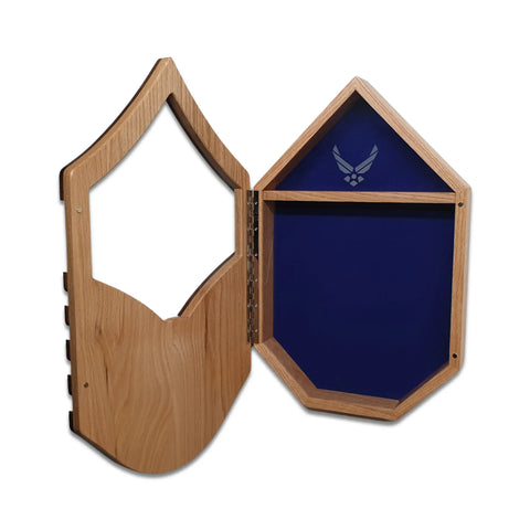 The Air Force Master Sergeant (E7) Shadow Box by Legacies of America Woodworking Company features a hardwood pentagon frame, blue velvet interior, U.S. Air Force symbol, cutout window on the left door, and is made in the USA.