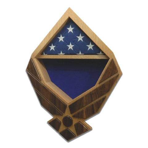 The Air Force Modern Wings Shadow Box - Oak With Walnut Wings by Legacies of America Woodworking Company is a USA-made, veteran-built display shaped like the Air Force logo, holding a folded flag and space for medals or memorabilia.