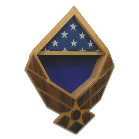 The Air Force Modern Wings Shadow Box by Legacies of America Woodworking Company is crafted from oak with walnut wings, made in the USA, and displays a folded American flag above a blue fabric-lined compartment.