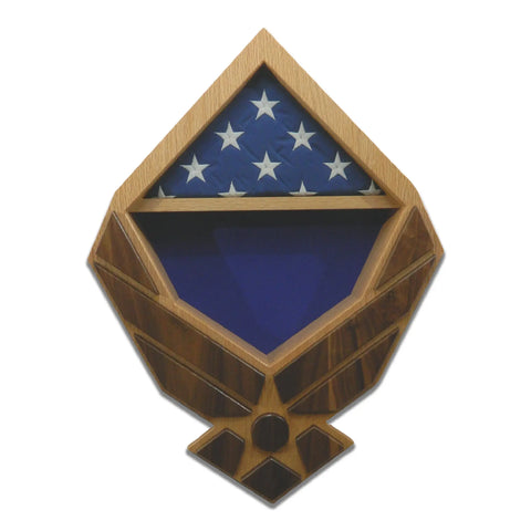 The Air Force Modern Wings Shadow Box - Oak With Walnut Wings by Legacies of America Woodworking Company is a wooden display, veteran-built, featuring a compartment with a folded flag and blue velvet beneath.