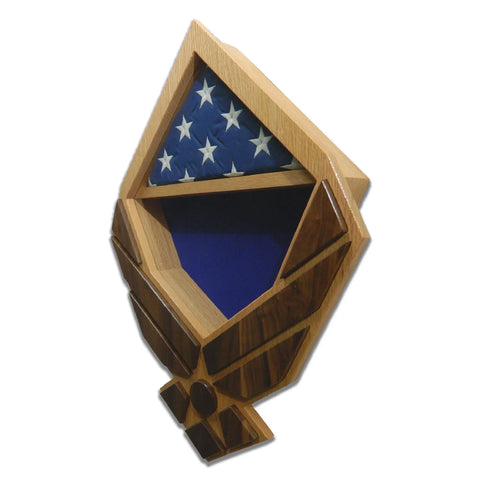 The Air Force Modern Wings Shadow Box - Oak With Walnut Wings by Legacies of America Woodworking Company is a USA-made display shaped like Air Force rank insignia, with space for a folded flag and a blue-lined compartment below.