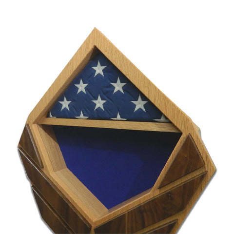 The Air Force Modern Wings Shadow Box by Legacies of America Woodworking Company features an oak triangle display with walnut wings, perfect for showcasing a folded American flag with white stars on blue, set against a white background.