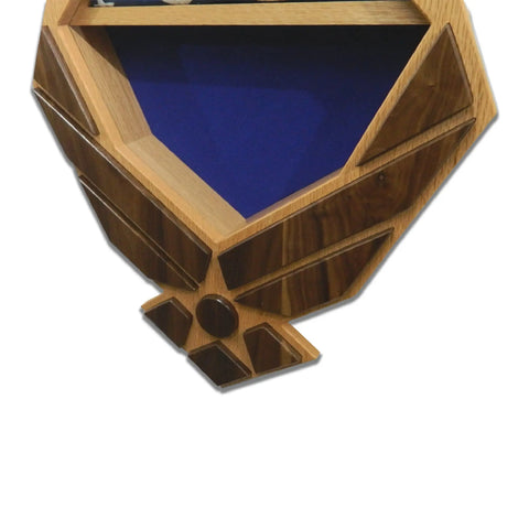 The Air Force Modern Wings Shadow Box by Legacies of America Woodworking Company features an oak frame with walnut wings, blue felt background, multiple angled compartments, and a top shelf. Made in the USA.