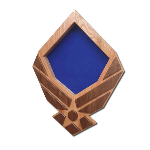 The Air Force Modern Wings Shadow Box by Legacies of America Woodworking Company features oak with walnut wings, a blue pentagonal center, and holds a 3x5 flag or memorabilia. Proudly made in the USA.