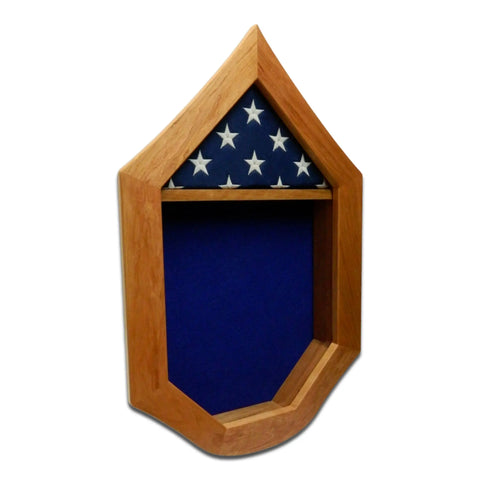 The Air Force SNCO Military Retirement Shadow Box - Cherry by Legacies of America Woodworking Company is a house-shaped cherry hardwood display case with a triangular flag section and rectangular compartment, shown against a solid white background. Veteran built.