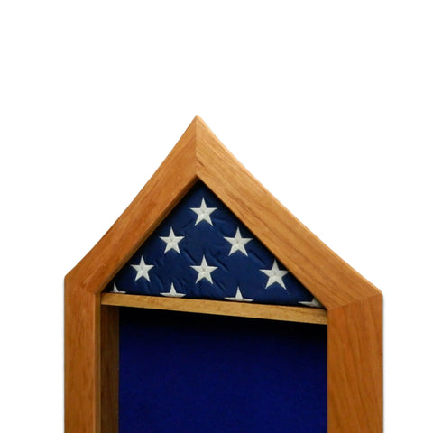 The Air Force SNCO Military Retirement Shadow Box - Cherry by Legacies of America Woodworking Company is a triangular cherry wood display case, made in the USA, designed to hold a folded American flag with visible white stars on blue.