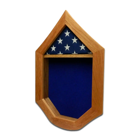 The Legacies of America Woodworking Company Air Force SNCO Military Retirement Shadow Box - Cherry is a pentagon-shaped case featuring a folded American flag with white stars on blue above an empty blue-backed compartment.