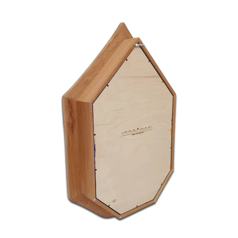 The Air Force SNCO Military Retirement Shadow Box by Legacies of America Woodworking Company features a house-shaped cherry hardwood design, engraved ruler on the front, and is proudly Veteran Built in the USA.