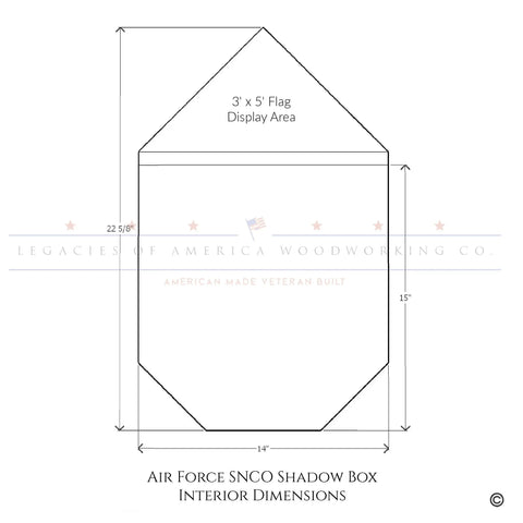 The Legacies of America Woodworking Company Air Force SNCO Military Retirement Shadow Box - Cherry features labeled interior dimensions: 22 5/8 tall, 14 wide base, 15 high panel, and a top display for a 3 x 5 flag. Made in the USA.
