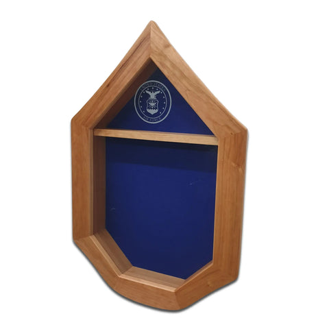 The Air Force SNCO Military Retirement Shadow Box - Cherry by Legacies of America Woodworking Company is a house-shaped display case with a pointed top, blue fabric backing, shelf, and an eagle emblem. Veteran built and crafted with care.